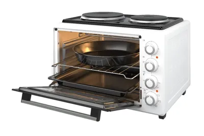 Produktbild von Ecg ETH 3502W Mini-Backofen mit 2 Kochplatten, 35L, Schwarz, B 41,6cm T 50,5cm H 33,05cm, Metallausführung, verzinkter Innenraum, Doppelglas-Sicherheitstür, Grillfunktion, gleichzeitiger Ofen- & Kochplattenbetrieb, <40dB