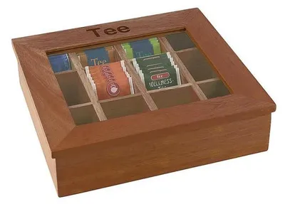 Produktbild von APS 11776 Teebox, Holz (Rubberwood), 31 x 28 cm, Höhe 9 cm, 12 Kammern, rot-braun