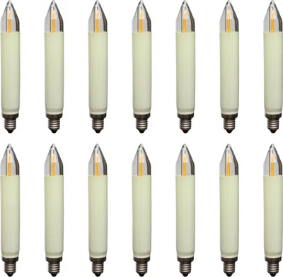 A collection of LED filament shaft candles arranged in two rows against a white background.