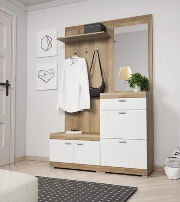 Produktbild von Garderobe- set STELLA, Wandgarderobe mit Spiegel, Schuhschrank, Weiß / Eiche Riviera