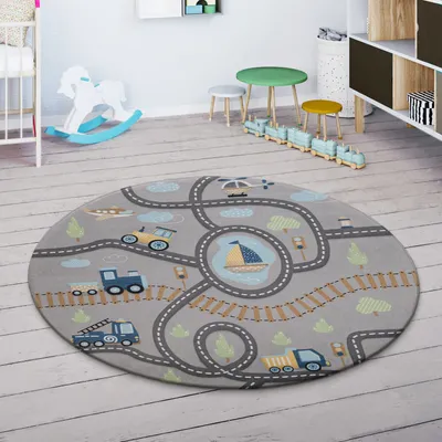 Produktbild von Kinderteppich Kinderzimmer Teppich Spielmatte Spielteppich Straßenteppich Grau Grün Grösse 150 cm Rund