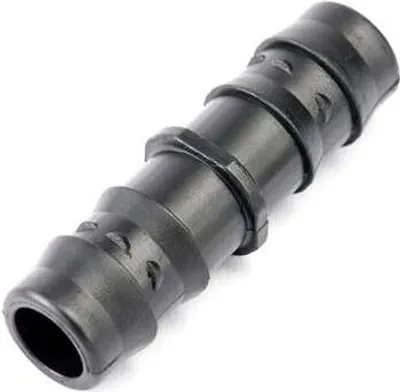 A black plastic hose connector on a white background.