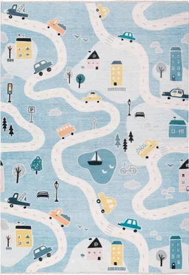 Produktbild von Kinder-teppich, Spielteppich, Kinderzimmer, Waschbar, Antirutsch, Straße, Straßenteppich, Blau - 120cm x 160cm