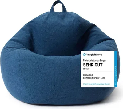 A blue beanbag chair with a review badge on its side.