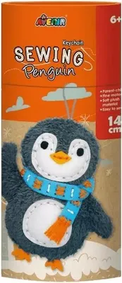 The image shows the packaging of a sewing kit for a penguin keychain.