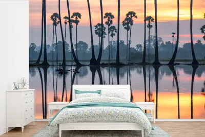 Produktbild von MuchoWow® Fototapete für Wohnzimmer oder Schlafzimmer Wandtapete Vinyl Motivtapete Bäume im Wasser - 450x300 cm - Gemusterte