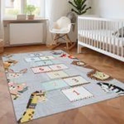 Produktbild von Kinderzimmer Teppich Spielmotiven Design Kinderteppich  Babyzimmer Teppiche Spielteppich für Jungen und Mädchen Teppich, Grau-2 Größe: 140 x 200 cm