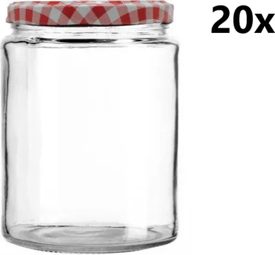 A clear glass jar with a red and white checkered lid, with the text '20x' in the upper right corner.