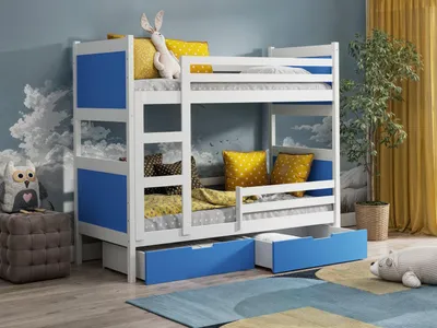 Produktbild von Masseno Etagenbett MIA 80x160 cm mit Schublade, Rausfallschutz, Kinderbett mit Leiter für Mädchen und Jungs, Stockbett, Weiß