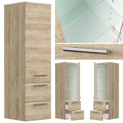 Produktbild von Badezimmer Midischrank Hochschrank in Eiche hell ABUJA-02 mit Glaseinlagen, B/H/T: 35/120/36cm