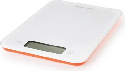 A digital kitchen scale with an orange trim, set against a white background.