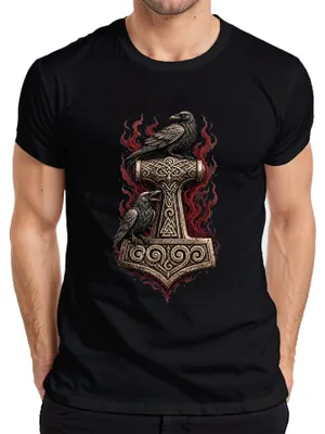 Produktbild von Wikinger Mjölnir Hammer Raben Odin Hugin Munin Valknut Asgard Herren T-Shirt, Schwarz, 3XL