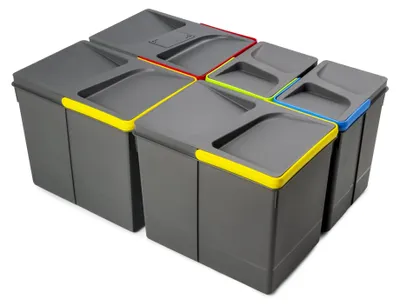 Zdjęcie produktu dla Emuca Pojemniki Recycle do szuflady kuchennej z pokrywą zapobiegającą wydostawaniu się zapachów, wysokość 266, 3x15 litrów, 2x7 litrów, Plastik, Szary antracytowy