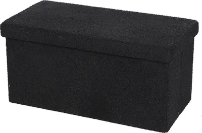 A black storage ottoman is shown from a slightly elevated side angle against a white background.