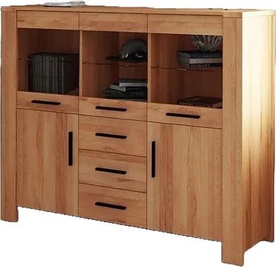 Produktbild von Anrichte Lubic aus Kernbuche massiv 155x45x128 mit 5 Türen Glas und 3 Schubladen