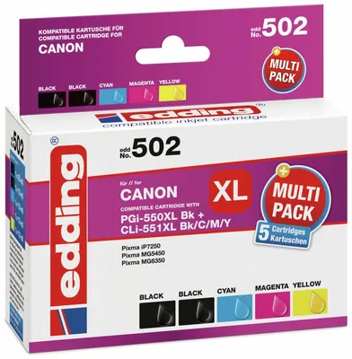 Image de edding EDD-502 Cartouches d'encre noire, cyan, magenta, jaune, compatibles avec Canon PGI-550 XL BK, CLI-551 XL BK/C/M/Y, jeu de 5