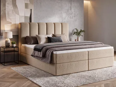Produktbild von Boxspringbett NOLARO 140x200 cm Komplett-Set mit Bettkasten, Bonell-Matratze und Topper, Bouclé Beige