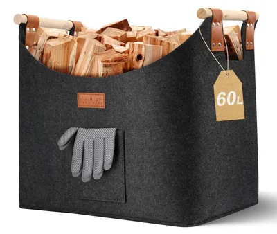 Obrázek produktu pro Koš na dřevo pro krb, XL, zesílená filcová konstrukce, kožené rukojeti, rozměry 45x32x40 cm, skládací