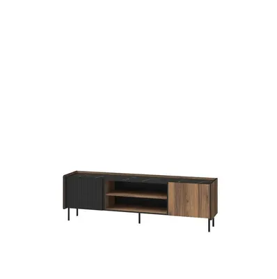 Produktbild von TV-Schrank PRESTON III, TV-Lowboard mit Stauraum, Fernsehschrank für Wohnzimmer, Modernes TV-Board mit Lamellenfront, Warmia Nussbaum und Schwarz