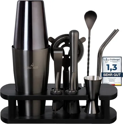 Produktbild von Edelstahl Cocktail Set 11tlg – 825ml Boston Cocktail Shaker Set mit Ständer und Bar Zubehör, Cocktailshaker Set | Barkeeper Set | Cocktail Mix Set | Barset | Boston Shaker Set | Schwarz
