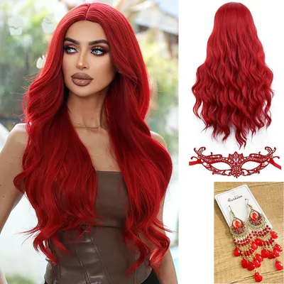 Produktbild von Perücke Damen Lang Rot 68cm Synthetik Fasern mit Haarnetz für Kostüm & Cosplay