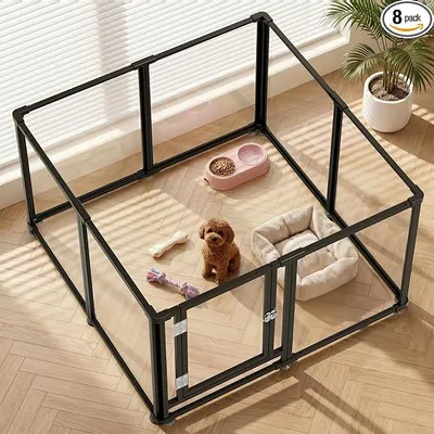 Imagen del producto de Jaula para cachorros, fabricada en acrílico, con 8 paneles, ideal para apartamentos. Altura: 60 cm