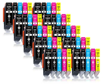 A collection of printer ink cartridges arranged in rows.
