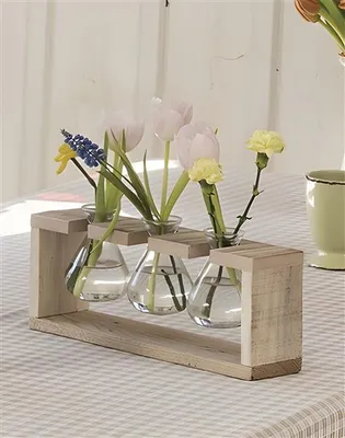 Produktbild von Vasenhalter "Wood" aus recyceltem Holz mit 3 Glasvasen, Tischdeko, Vasenständer mit kleinen Blumenvasen