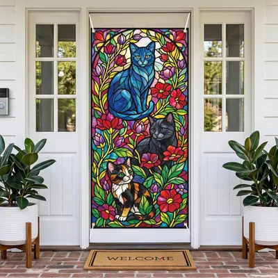 Produktbild von Deko Tür Banner - Mit Motiv Bunte Glas Blumen Katze - Für Innen- und Außenbereich - 185 x 90 cm