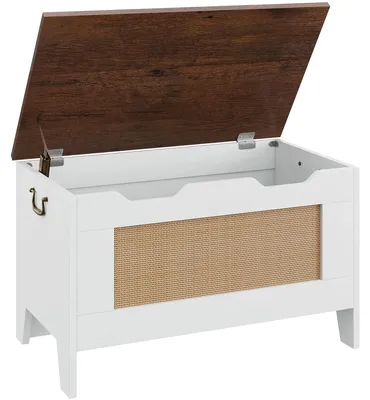 Produktbild von Holz Truhenbank mit Stauraum und Rattanfront - Sitzbank - Sicherheits-Scharnier - Rustikaler Stil - Für Wohnzimmer und Flur - 76 cm - Weiß