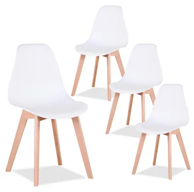 Obrázok produktu pre Sada štyroch jedálenských stoličiek – moderné plastové stoličky – drevené nohy – minimalistický dizajn – bez podrúk – biele