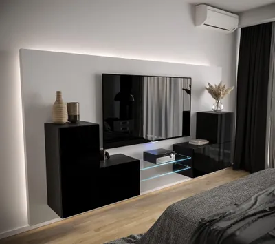 Produktbild von Furnitech Wohnwand Wohnzimmer | Wohnzimmer Möbel mit LED Weiß | Hängend Wohnwand Modern | Wohnzimmer Schrankwand mit Regale und TV Schrank (AN96-21B-HG1 1B)