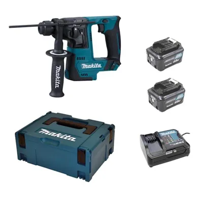 A product shot of a rotary hammer drill kit, including the drill, two batteries, a charger, and a carrying case.