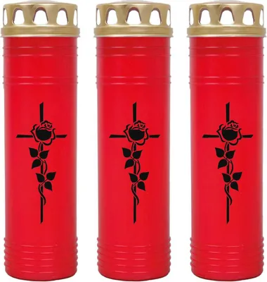 Produktbild von Grabkerze Rot 3er Pack, Brenndauer: 170 Stunden ( je Kerze ), Motiv: Rose Kreuz