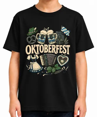 Obrázek produktu pro , sklenice na pivo (Maßkrug), tradiční šaty (Dirndl), preclík, tričko s tradičním motivem, kožené kalhoty, dětské tričko, černá barva, velikost 128