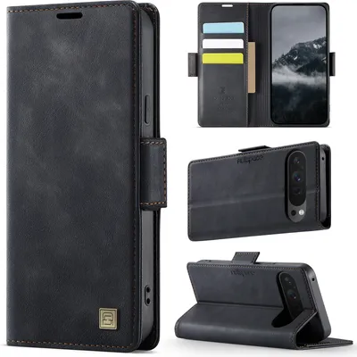 Image de Étui en cuir pour Google Pixel 10 / Pixel 10 Pro, protection RFID, fermeture magnétique, fentes pour cartes et support Noir
