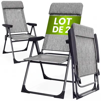 Image de CASARIA® 2x Chaises de jardin pliantes Gris Chiné en aluminium avec accoudoirs dossier réglable plage piscine camping voyage