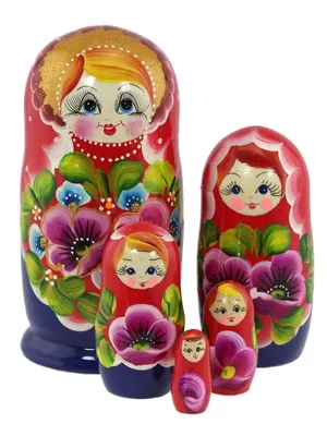 Produktbild von Matroschka Babuschka Matrjoschka Puppen Holzfiguren handbemalt Set 5 Puppen Mohnblume in Höhe 15 cm