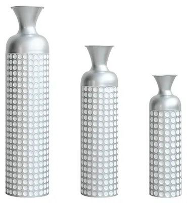 Produktbild von Metall Bodenvase Silber, 3er Set Moderne Hochglanz Vase mit Punktmuster, 49,5/66/84 cm Groß Dekovase für Wohnzimmer, Esszimmer, Flur, Deko für Trockenblumen und Pampasgras