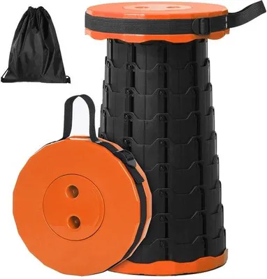 Obrázok produktu pre Skladacia stolička Unyqoos®, ľahká a nastaviteľná – ultra kompaktná, 25 × 6,5 cm, váha 1 kg, nosnosť 225 kg, 12 výškových polôh (6,5–45 cm), protišmykové nožičky, vrátane prepravnej tašky
