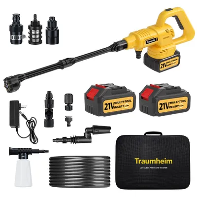 Produktbild von Akku Hochdruckreiniger Kabellos, 8000mAh (2×4000mAh), Starke Reinigung für Auto & Garten, 6-in-1 Düse + 180°/360° Rotationsdüse, 17-teiliges Kompletts