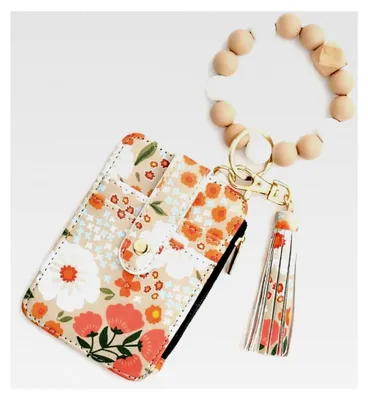 Produktbild von Kleine Damen Geldbörse im Boho-Stil mit Blumenmuster, Mini Portemonnaie mit Kartenfächern, Reißverschluss und Quaste mit Perlen, Kunstleder Kartenetui in Khaki 8,5 × 12 cm