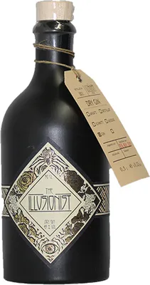 A bottle of The Illusionist Dry Gin on a white background.