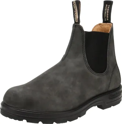 A single grey Blundstone boot is shown against a white background.