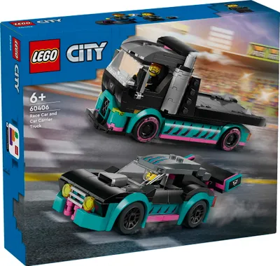 Productafbeelding van LEGO City Autotransporter met raceauto, vrachtwagen speelgoed met verstelbare laadbak en raceauto, bouwset met 2 minifiguren, een racecoureur en een vrachtwagenchauffeur, een leuk cadeau voor kinderen vanaf 6 jaar, modelnummer 60410
