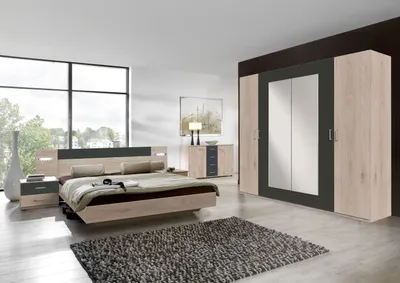 Produktbild von Komplettschlafzimmer >ANGIE< in HICKORY OAK + GRAPHIT - 499x208x210cm (BxHxT)