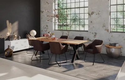 Produktbild von Essgruppe 220 cm Mango naturfarben X-Gestell schwarz mit 6 Stühlen DORA