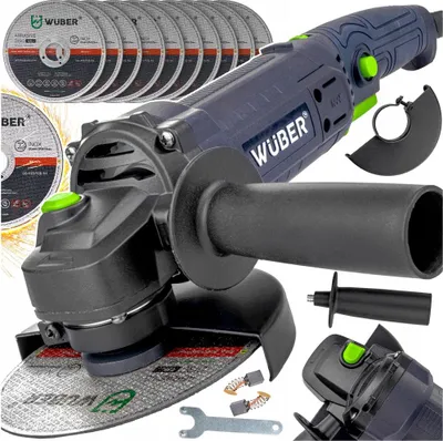 Zdjęcie produktu dla Szlifierka Kątowa Wuber 125 Mm 1600 W Z Płynną Regulacją Prędkości Obrotowej I 10 Tarczami