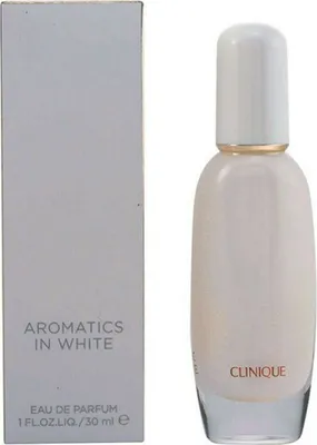 A product shot of Clinique Aromatics in White Eau de Parfum and its packaging.