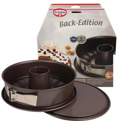 Produktbild von Dr. Oetker Springform Ø 28 cm, runde Backform der Serie Back-Edition aus Stahl mit 2 Böden - Flach- und Rohrboden mit Antihaftbeschichtung (Farbe: braun)
